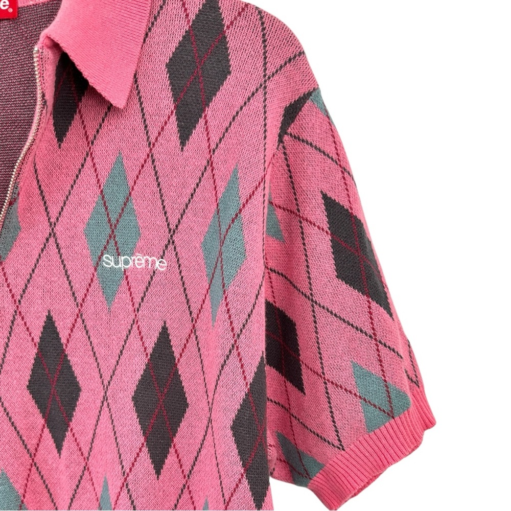 [sold] Supreme FW21 Pink Argyle Polo Quarter Zip Knit Short Sleeve Polo Sweater - Picture 3 of 7